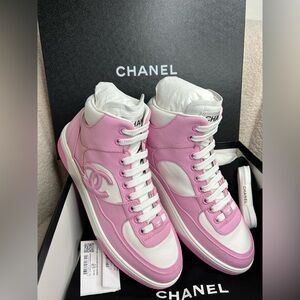 CHANEL Pink & White High-Top Sneakers  (Size 38.5) - New in Box Full set